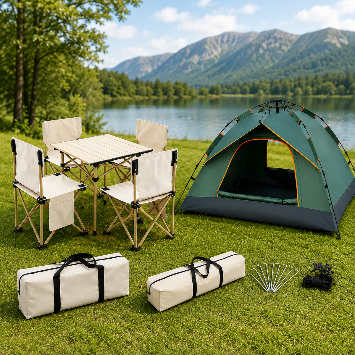 4-Person Outdoor Camping Combo Set – Folding Table, 4 Chairs & Waterproof Tent