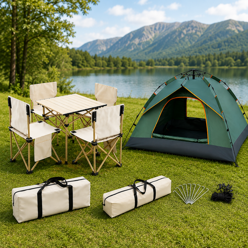 4-Person Outdoor Camping Combo Set – Folding Table, 4 Chairs & Waterproof Tent
